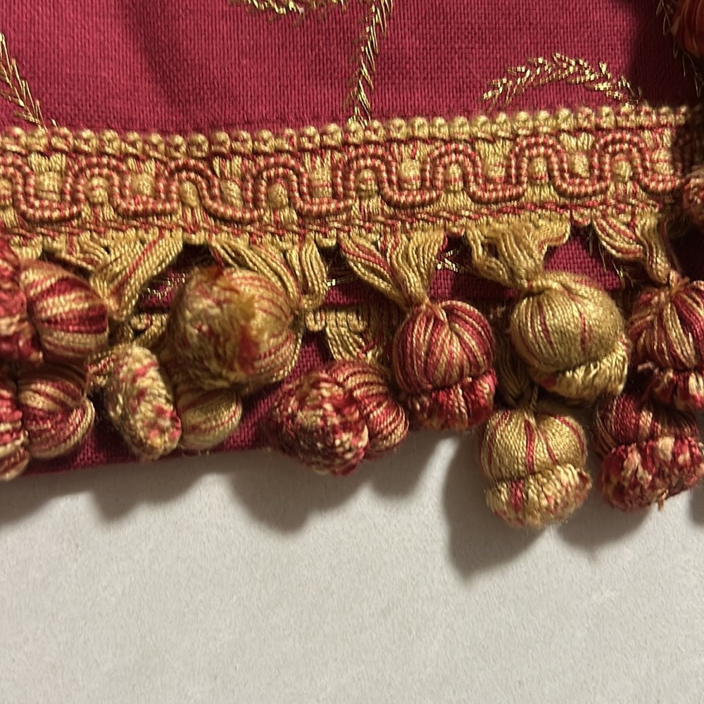 Bovi Italian dark cherry and gold embroidered table runner w tassels